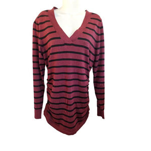 Lane Bryant V-Neck Sweater ruched Plus sexy Size 14 Burgundy Black Striped long